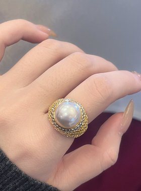 新中古欧美黄金色镶满钻珍珠开口戒指指环女个性简约高级感手饰品