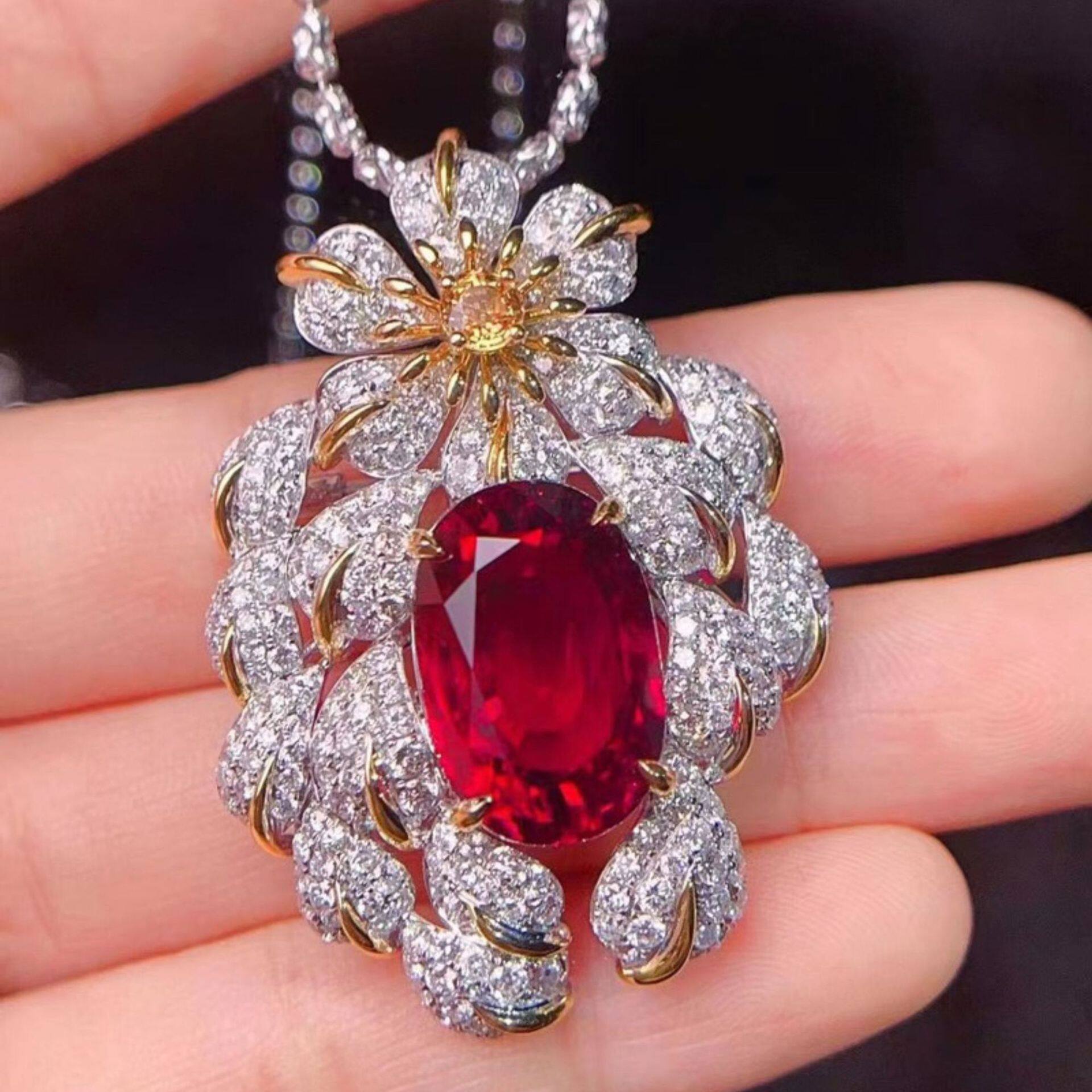 vintage意大利复古鸽血红宝石吊坠胸针两用款项链祖母绿钻饰品ins