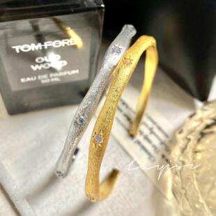 新款意大利星芒拉丝手镯法式复古镶钻精致小众细女款素圈手环饰品