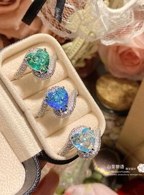 海蓝爱心活口戒指高碳石轻奢指环