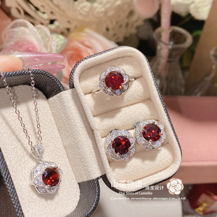 vintage山茶时尚轻奢红钻石新娘珠宝套装 满钻彩宝花朵戒指耳饰女