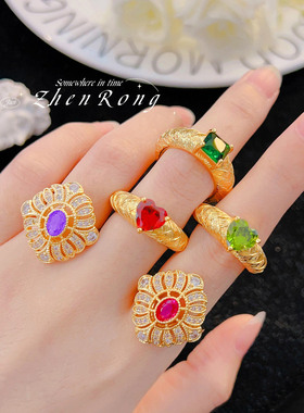 拉丝工艺戒指祖母绿心形宫廷风女