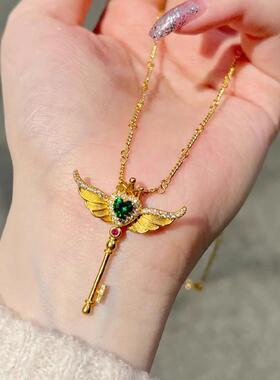 vintage轻奢魔法仙女棒项链吊坠气质钥匙天使爱心形锆石精工饰品