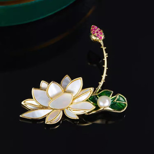 国风荷花莲蓬胸针高档女轻奢气质珍珠胸花别针西服旗袍配饰品