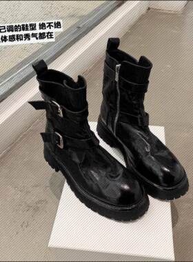 【苏茵茵】年度战靴~水洗缩纹马皮扣带粗跟马丁短靴女机车靴