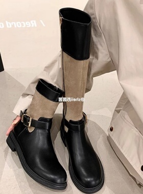 【苏茵茵】伦敦大道~圆头金扣侧拉链中高筒长靴女牛仔靴短靴
