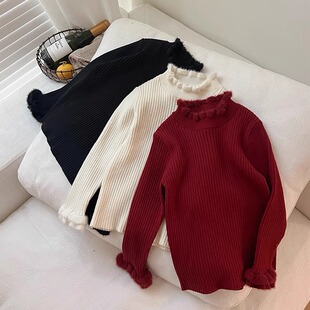 2025冬季新款儿童洋气甜美内搭针织上衣宝宝童装女童甜美花边毛衣