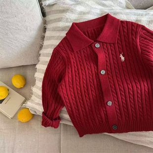 春季新款儿童针织衫男童纯色麻花毛衣POLO衫 女宝宝翻领针织开衫