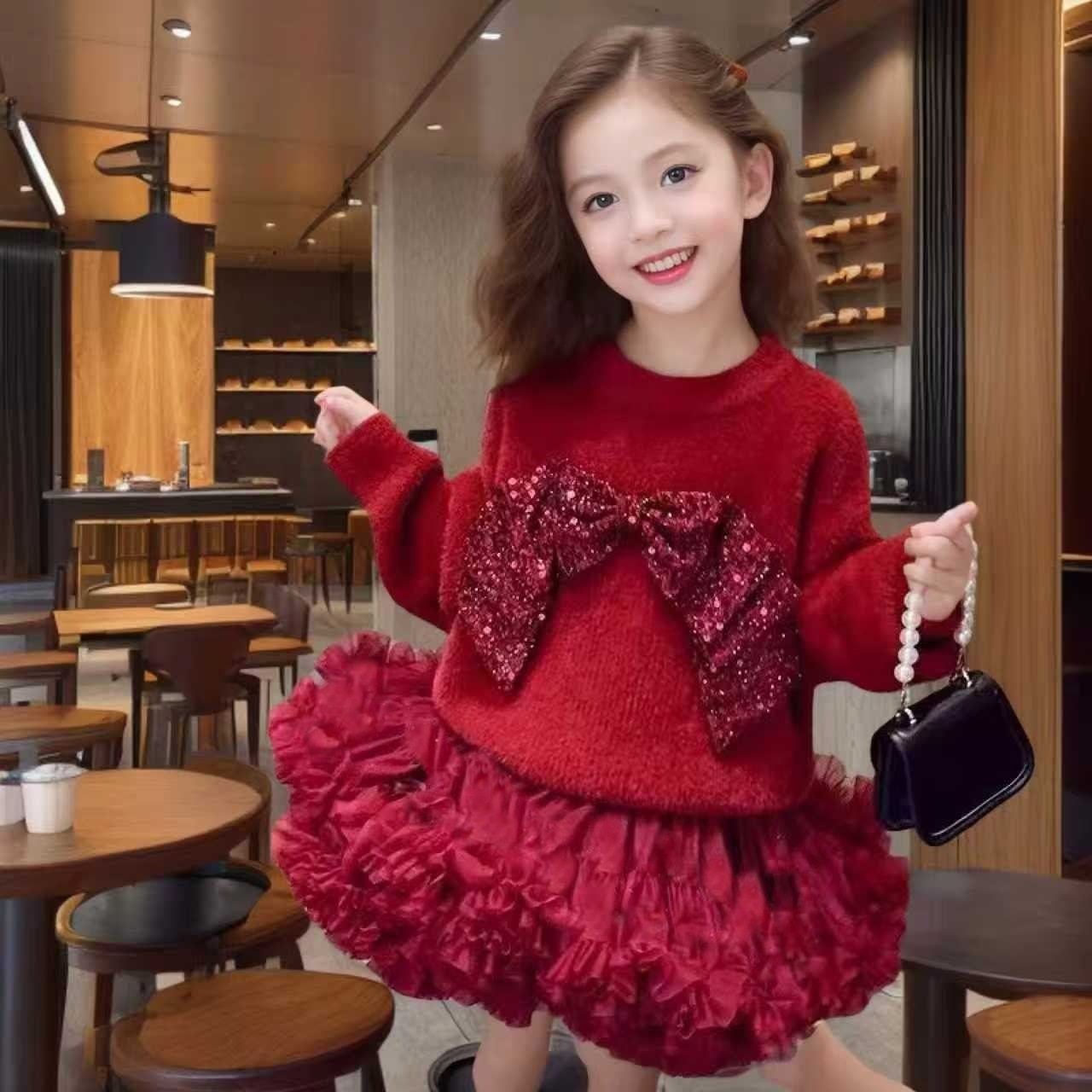 女童红色毛衣蝴蝶结彩虹过年服喜庆网纱裙女宝宝新款洋织套裙