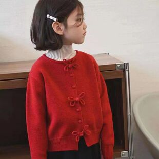 女童中式盘扣毛衣开衫2024秋季小女孩复古设计蝴蝶结慵懒风针织衫