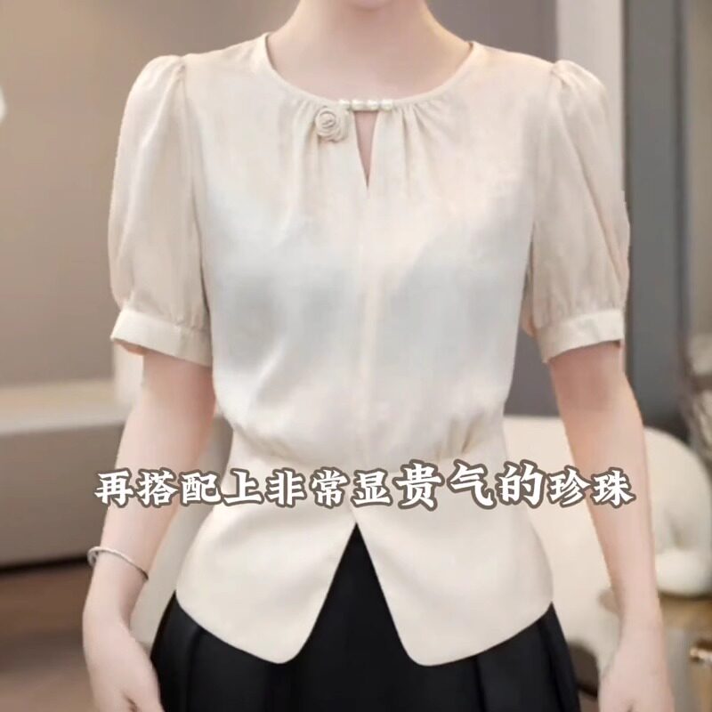 KATTERLLG2025夏季新款小香风短袖雪纺衫女短款修身别致上衣设计