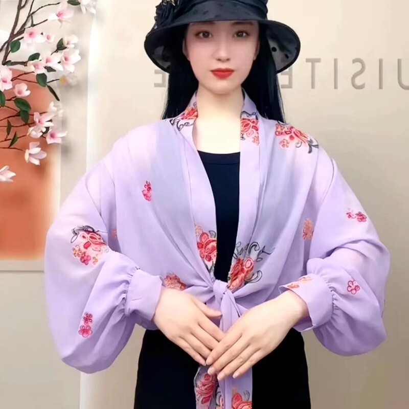 2022夏天新款防晒衣女雪纺披肩防紫外线洋气刺绣外套配裙子小开衫