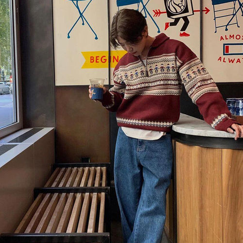 跨境外贸半高领古着风情侣针织外套韩版欧美街潮港风复古学院个性