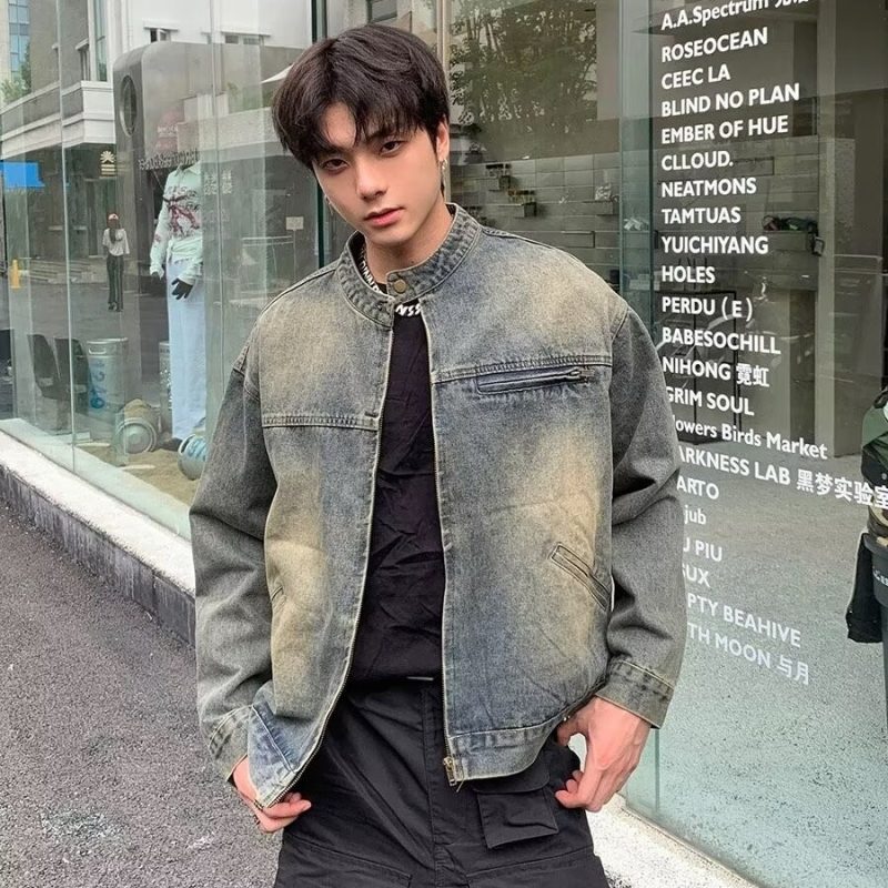 外贸春秋立领拉链牛仔男女款夹克水洗做旧痞帅外套潮韩版学院痞帅