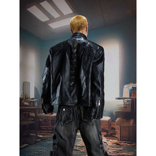 跨境外贸春季 金属骨骼哥斯拉PU外套夹克男重工有垫肩皮衣机能街潮