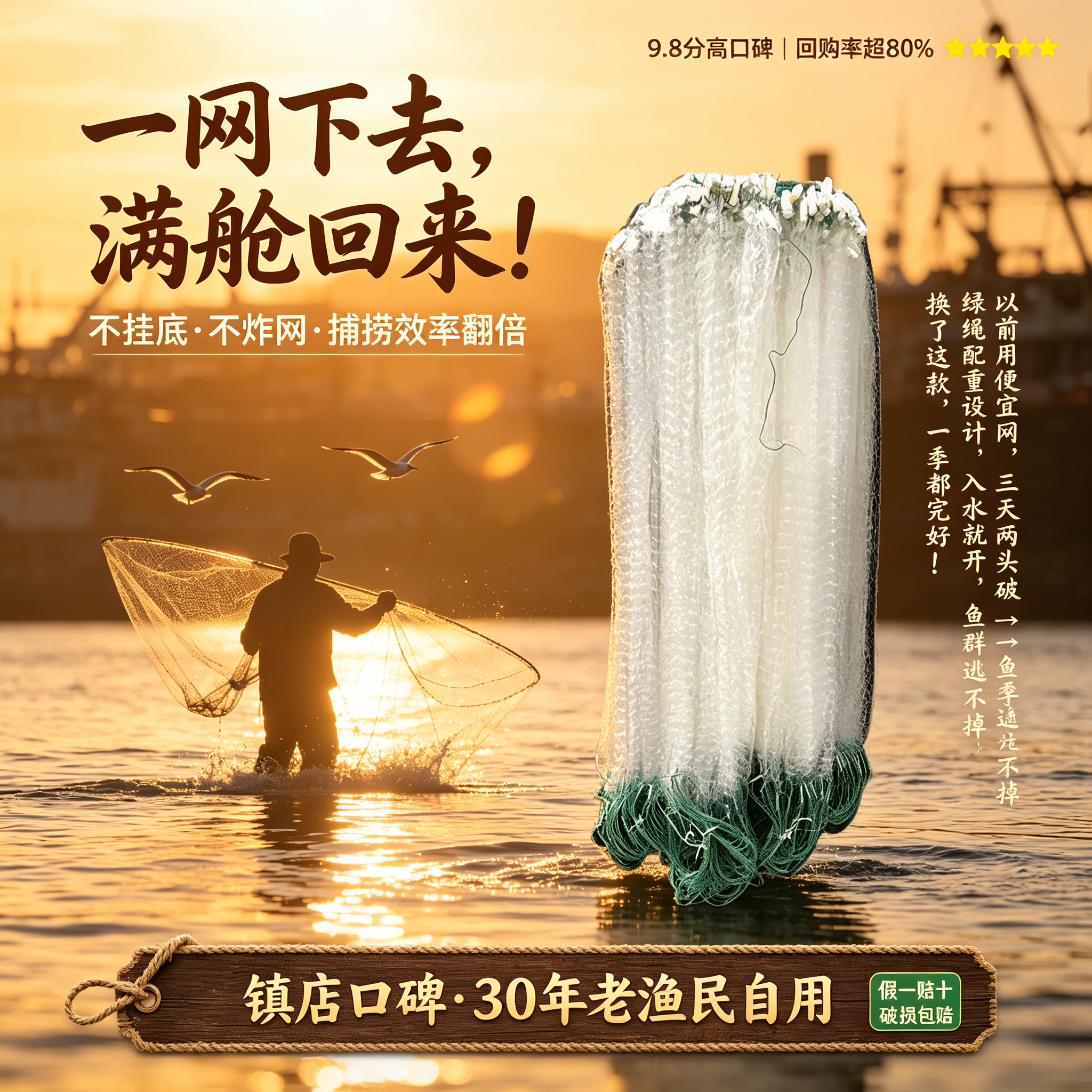 6分1指高单层渔网粘网白条餐条专用小鱼网丝网三层沉网浮网捕鱼网 - 实物图