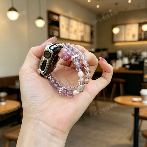 天然水晶珍珠表带适用ApplewatchS11苹果高级iwatchS10表带春夏女