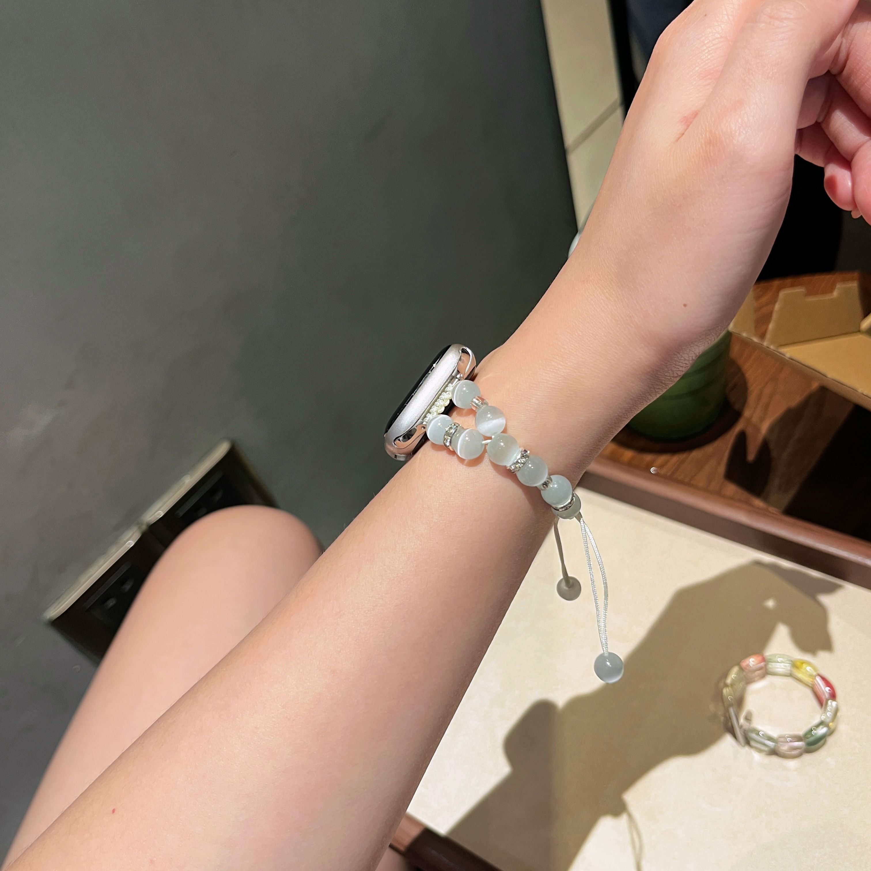 高级感猫眼石适用Applewatch苹果手表可调节编绳iWatch表带女小众