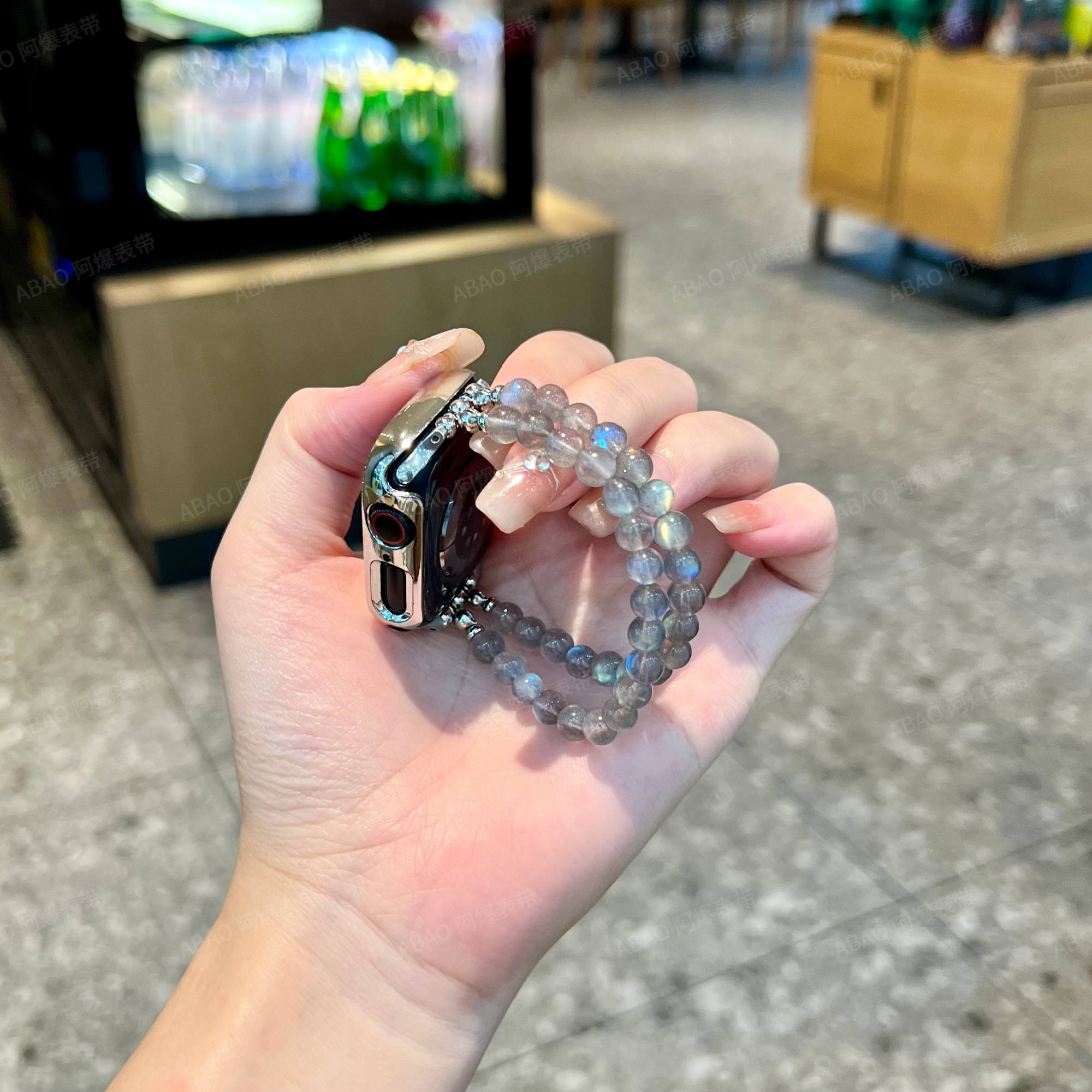 6mm天然灰月光水晶适用ApplewatchS10苹果手表腕带高级iwatch表带