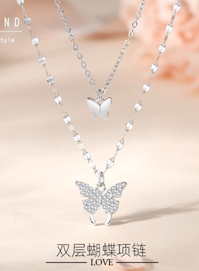 双层叠戴蝴蝶项链足银不易褪色