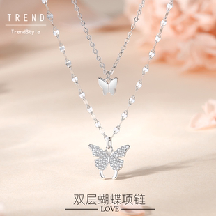 999足银项链女款双层蝴蝶轻奢小众纯银吊坠高级感锁骨链送女朋友