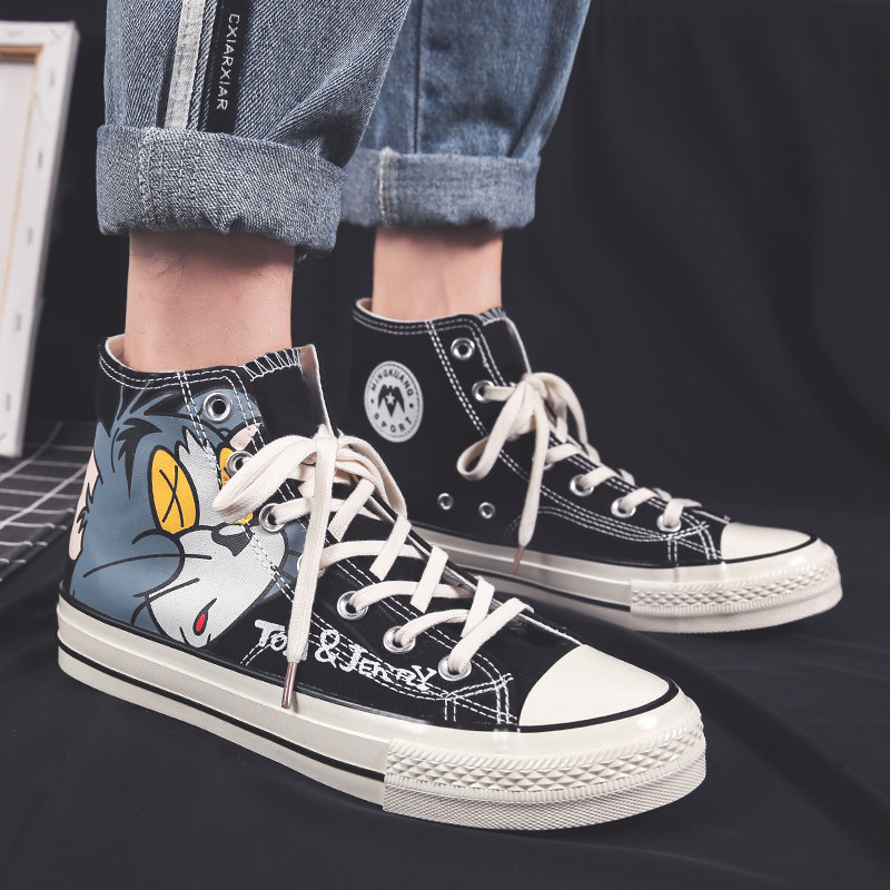 男生高帮港风学生百搭透气休闲鞋猫和老鼠卡通动漫印花板鞋帆布鞋,流行男鞋,帆布鞋,淘宝优惠券,粉丝福利购,淘宝优惠卷