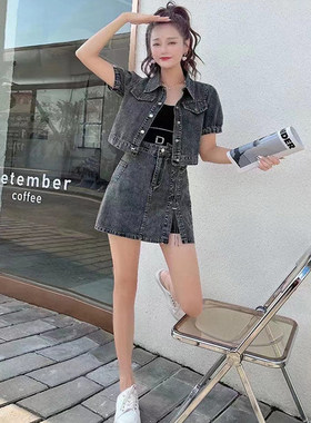 复古牛仔套装女百搭高腰显瘦
