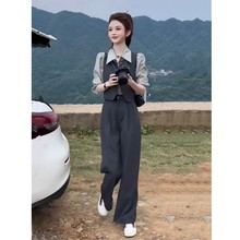 百搭三件套阔腿裤长袖通勤韩系新款女装早秋气质2025马甲衬衫减龄