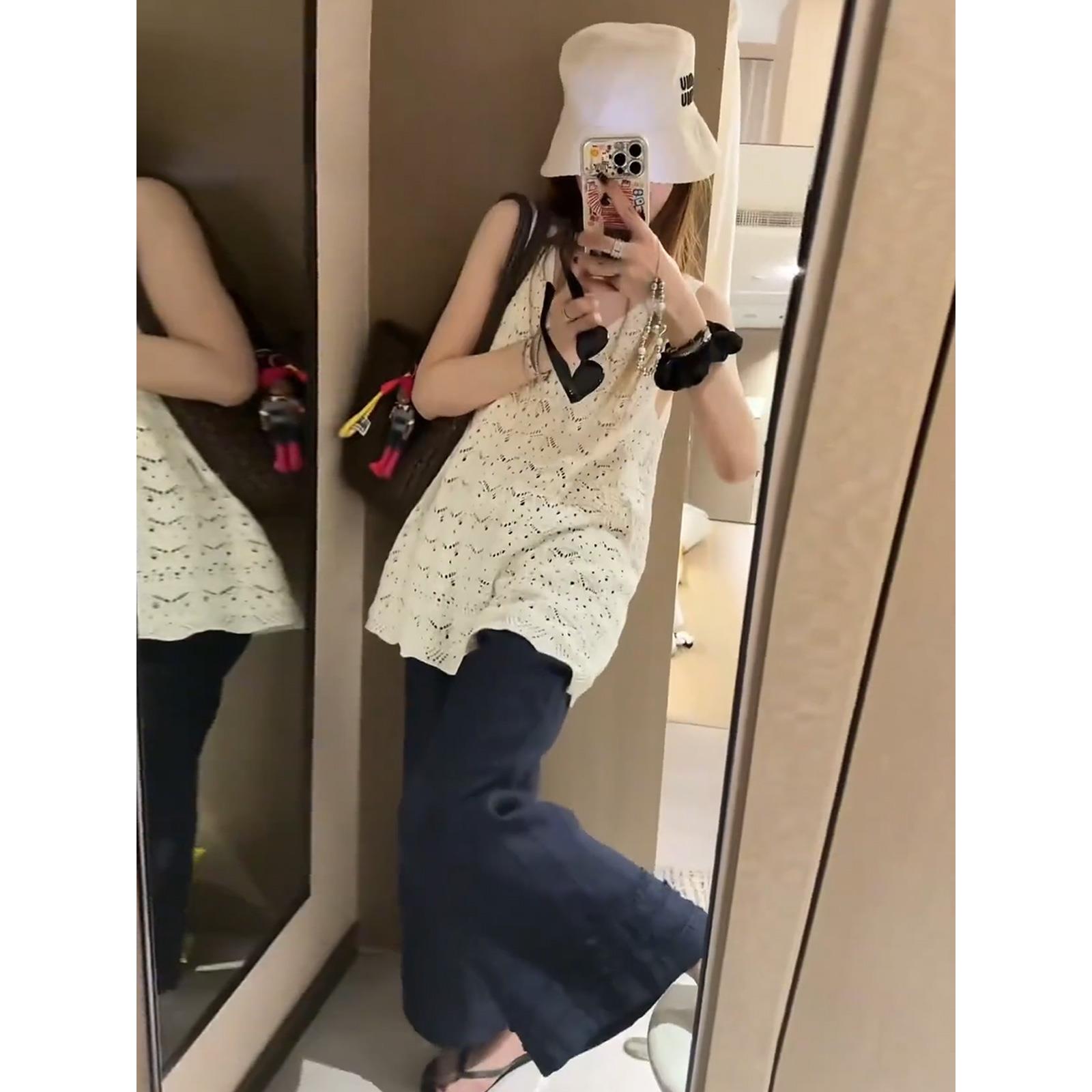 法式镂空v领无袖背心阔腿