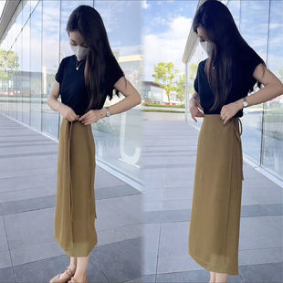 气质通勤高腰显瘦系绳垂感十足半身裙小衫 女一片式 两件套 套装 时尚