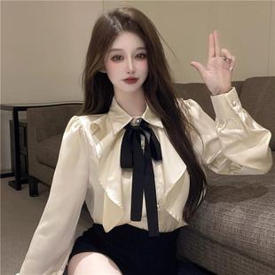 宫廷风衬衫 衬衣小众别致上衣春秋 女长袖 蝴蝶结领带翻领荷叶边法式