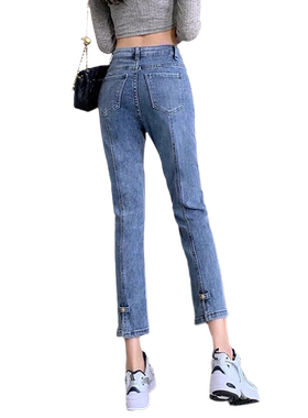 高腰显瘦开叉直筒牛仔裤女2023春夏百搭弹力小个子烟管裤八九分裤
