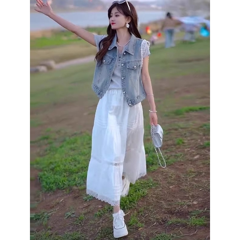 韩系蕾丝拼接短款牛仔外套女2025夏季新款高级感时髦洋气外搭马甲