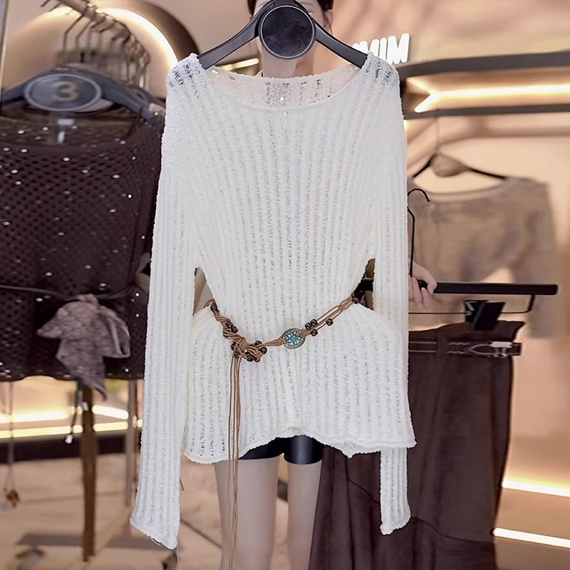 白色套头毛衣女士秋季慵懒风软糯宽松显瘦收腰系带镂空针织衫上衣