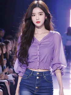 新款 韩系穿搭今年流行 漂亮小衫 女 2024夏季 独特上衣紫色长袖 衬衫