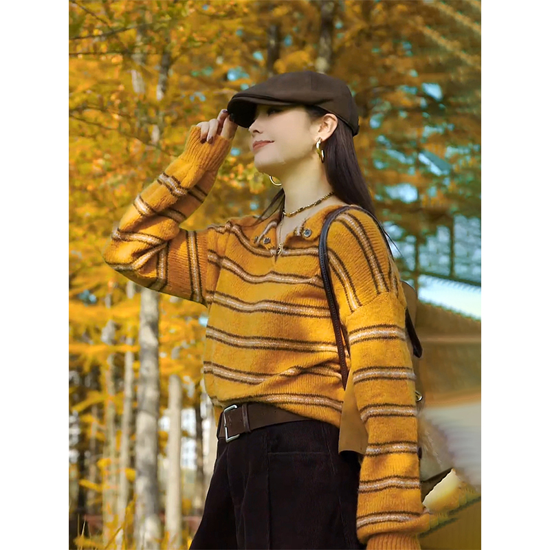绝美漂亮黄色条纹针织衫慵懒毛衣女巨好看的早秋冬季穿搭减龄上衣