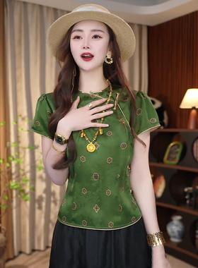 2025夏季新中式国风绿色印花圆领短袖T恤女洋气小众斜襟盘扣上衣