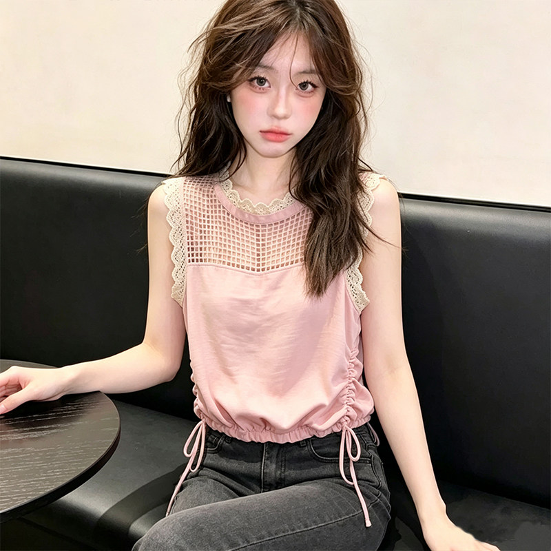 气质百搭风无袖上衣女2026夏季新款粉色圆领镂空宽松时尚简约衬衫