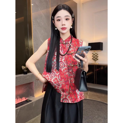 新中式国风无袖旗袍领衬衫上衣2025夏季新款红色小衫衬衣背心女装
