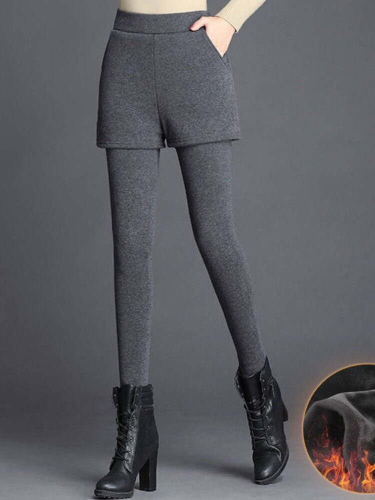 벨벳과 도톰한 여성용 페이크 투피스 레깅스 아우터용 큐로트 슬림핏 레깅스 하이웨이스트 웜팬츠 엄마의 패션센스