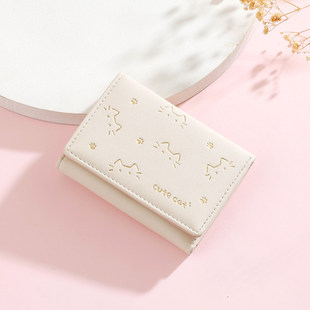 新款短款折叠小钱包女式小众设计可爱印花猫咪迷你钱夹零钱卡包薄