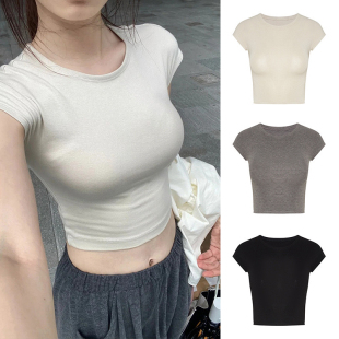 显瘦短袖 夏季 上衣ins修身 新款 圆领t恤女纯欲甜辣正肩打底 辣妹短款