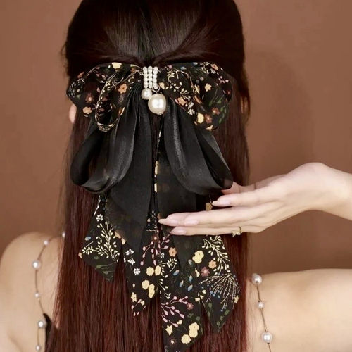 网红新款碎花蝴蝶结弹簧发夹后脑勺布艺头饰大号飘带发卡头绳发饰