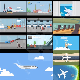 卡通机场候机室机舱航站楼飞机飞过MG扁平动画背景视频素材