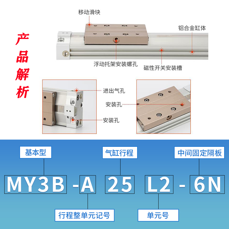 SMC机械式无杆气缸MY3B/MY3A16/20/25/32G-100A200/300-500L-M9BW 标准件/零部件/工业耗材 气缸 原图主图