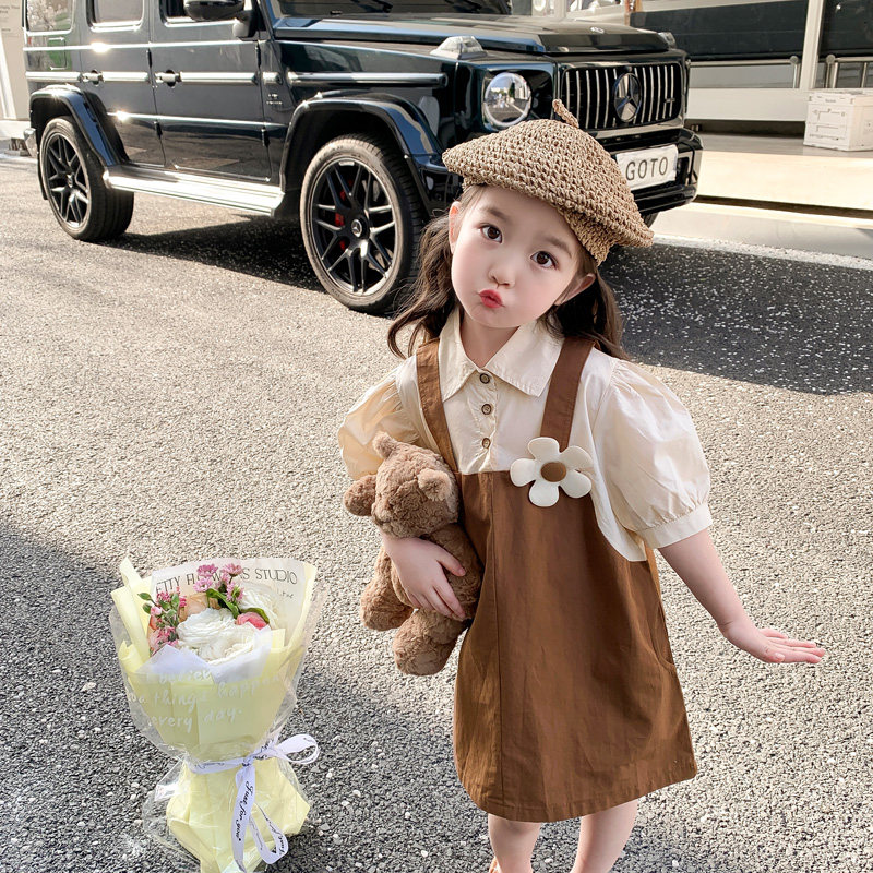 女童连衣裙夏装2023新款洋气小女孩假两件裙子儿童甜美复古背带裙