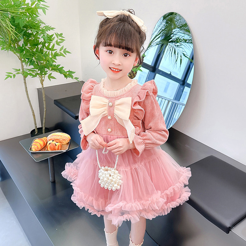 女童洋气公主网纱长袖春秋季连衣裙宝宝花边小香风蓬蓬裙子春装潮