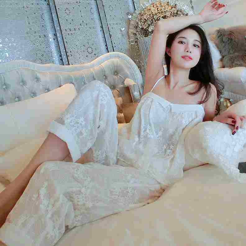 新品刘美人刘钰懿白色真丝绣花吊带睡衣两件套装女甜美性感家居服