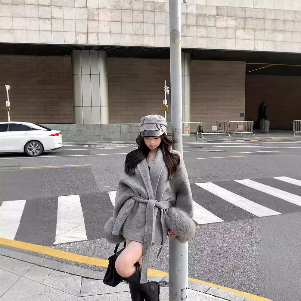 灰色绑带收腰毛呢外套女秋冬长袖宽松大衣中长款上衣