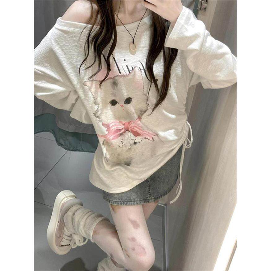 可爱猫咪斜肩白色T恤女20